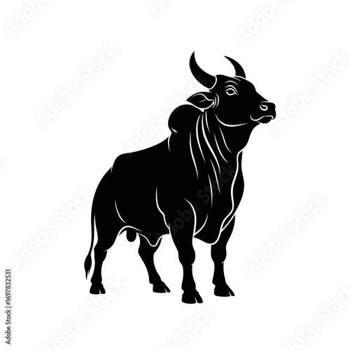 A powerful black Zebu bull with a prominent hump and horns, depicted in a graphic stencil style on a white background.