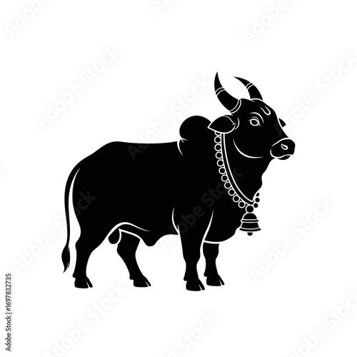A black silhouette illustration of the sacred Hindu bull Nandi, adorned with a traditional bell necklace.