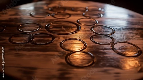 Ring-shaped water stains rest on a polished, wooden table, softly lit from the side