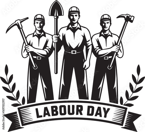 Labour Day Vintage Illustration Industrial Workers with Tools Badge Design Vector for May Day Celebration