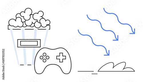 Popcorn bucket, gaming controller, and abstract airflow lines near motion trail. Ideal for gaming, entertainment, leisure, comfort, relaxation casual fun living room vibe. Simple flat metaphor