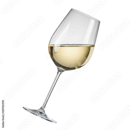 Crystal clear wine glass with pale-yellow sauvignon blanc and delicate condensation, natural cork alongside, isolated on transparent studio background, high-end product concept