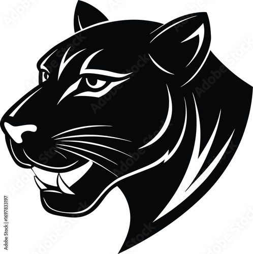Vector art of a fierce black panther head, depicted in a stylized, graphic illustration with sharp lines and a menacing expression, isolated on a