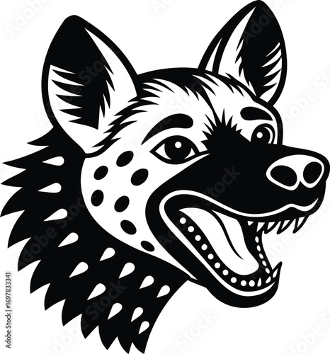 Vector art of an aggressive hyena with an open mouth and sharp teeth, depicted in a bold black and white graphic style, conveying raw power and wild energy