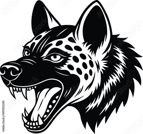 Vector art of a snarling hyena with bared teeth and intense eyes, rendered in a striking black and white vector art style, ideal for conveying ferocity and untamed spirit