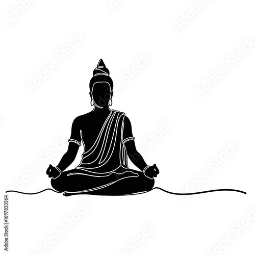 Serene Buddha silhouette in meditative lotus pose, minimalist line art.