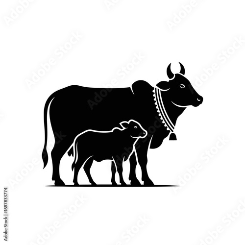A black silhouette illustration of a mother cow with a bell standing beside her young calf on a white background.