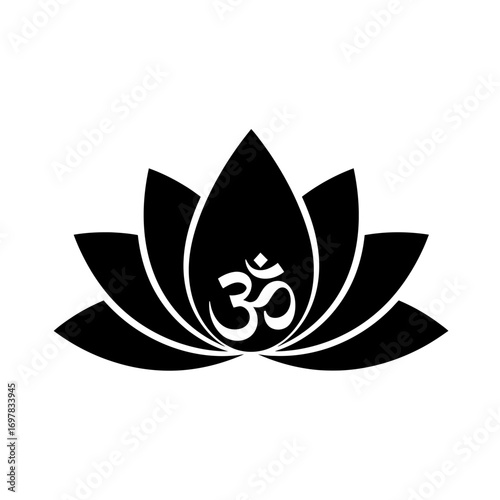 Sacred Om symbol in a black lotus flower, a spiritual icon for yoga and meditation.