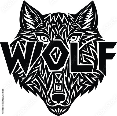 Vector art of stylized black and white graphic illustration of a wolfs head with the word wolf integrated into the design