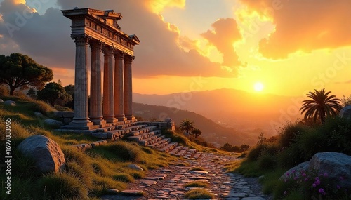 Serene view of ancient Roman ruins at sunset, bathed in golden light; a peaceful scene ideal for meditation and reflection , Roman Empire, vacation