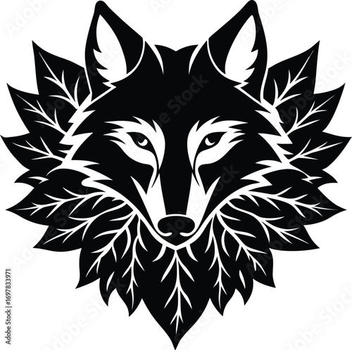 Vector art of black and white graphic illustration of a wolfs head surrounded by stylized leaves