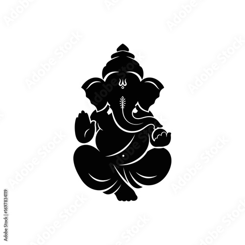 A stylized black silhouette of the Hindu deity Ganesha, depicted in a seated posture with his characteristic elephant head and trunk, against a stark white background.