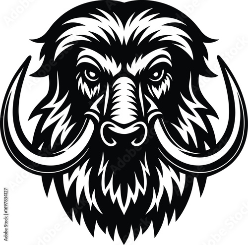 Vector art of striking black and white vector art of a mammoths head, featuring prominent tusks and shaggy fur, ideal for prehistoric themes, historical designs, and powerful imagery