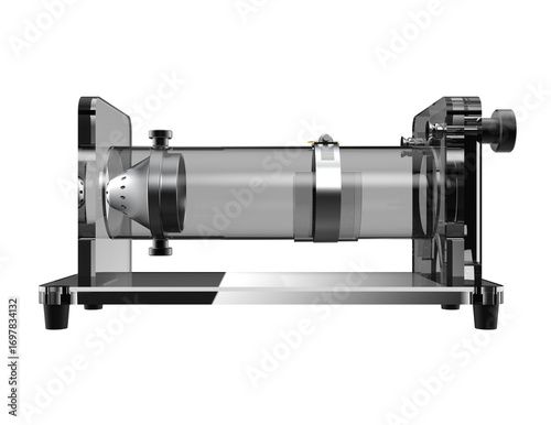 Specialized scientific Rodent Restraint Device (MiceRat Restrainer) for preclinical research and animal handling. Isolated 3D render of lab equipment with adjustable clear acrylic tube.