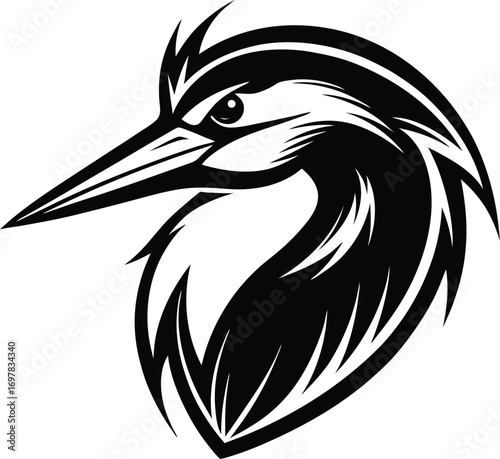 Vector art of dynamic black and white graphic illustration of a birds head, possibly a heron or kingfisher, with sharp features and stylized plumage
