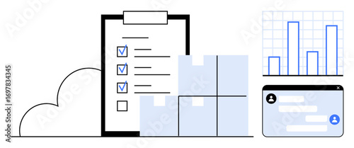 Checklist with blue checkmarks, stacked boxes, bar chart, and messaging prompt in cloud-based context. Ideal for logistics, inventory tracking, task planning, teamwork, productivity data management