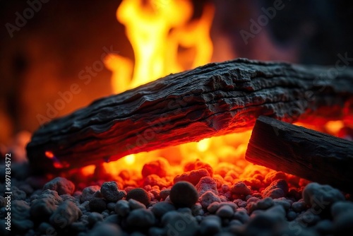 Close-up of vibrant flames licking at a stack of seasoned firewood, glowing embers creating a warm, inviting ambiance  Perfect for themes of warmth, comfort, and nature ,  macro,  warmth,  winter
