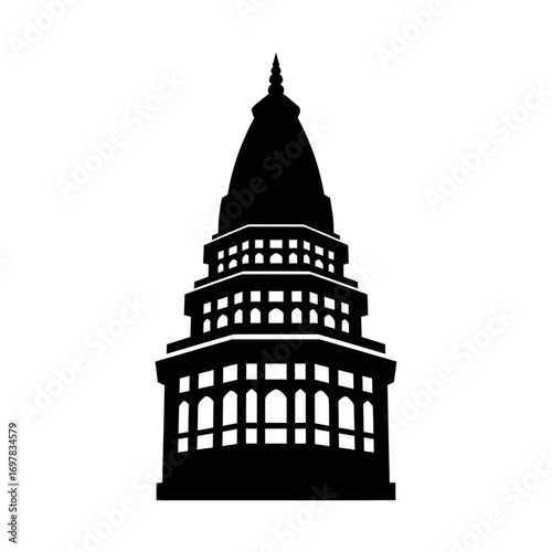 Silhouette of a grand, multi-tiered temple structure with intricate architectural details and a prominent spire.
