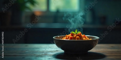 Empty bowl, untouched food, dim lighting, melancholic atmosphere conveying feelings of hopelessness and lack of appetite associated with depression , bowl, dim light, still life