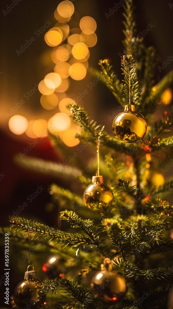 Fototapeta premium A festively decorated tree adorned with golden ornaments, surrounded by twinkling holiday lights.