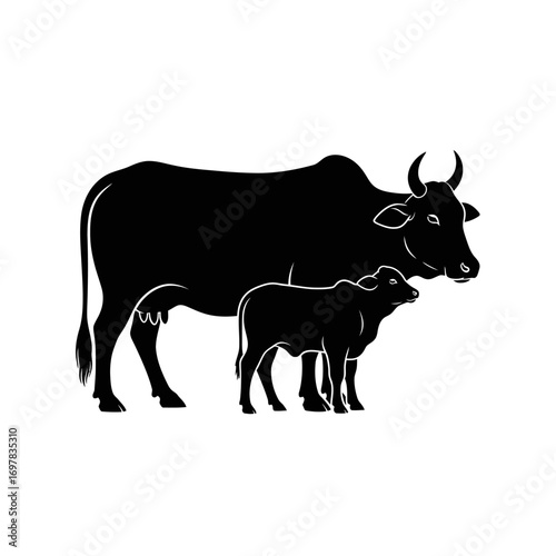 Silhouette of a cow standing beside a calf, both rendered in solid black against a white background.