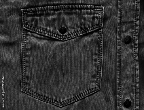 Stitched dark black denim cotton shirt, pocket and button detail, jeans fabric texture background