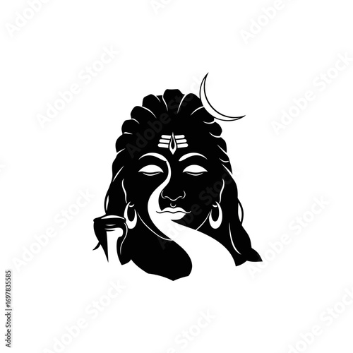 Silhouette illustration of the Hindu God Shiva with flowing hair, crescent moon, and a snake around his neck.