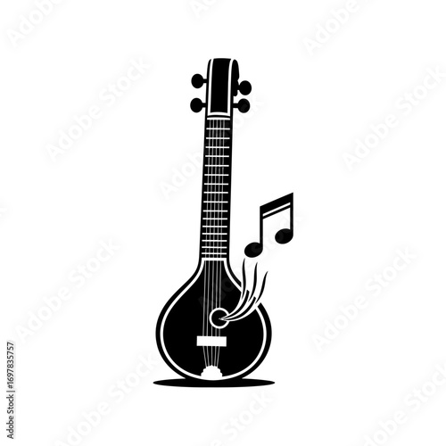 A black and white illustration of a Tanpura, a stringed Indian musical instrument, with a musical note beside it.