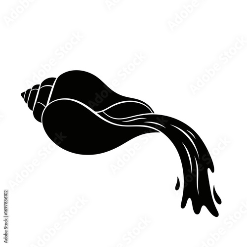 Silhouette of a seashell with flowing water.