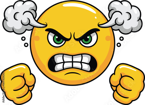 Angry emoji face, clenched fists, steam ears, furious emoticon, rage expression, frustration cartoon icon, digital anger symbol, upset smiley, irritation emotion icon