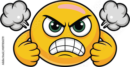 Angry emoji face, clenched fists, steam ears, furious emoticon, frustration expression, rage cartoon face, digital emotion icon, upset smiley, irritation symbol