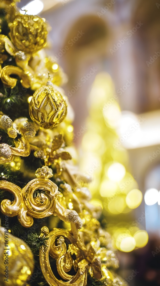 Fototapeta premium A festively decorated tree adorned with golden ornaments, surrounded by twinkling holiday lights.