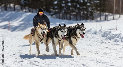 Powerful huskies swiftly pull sled across snowy landscape under bright winter sun. AI Generated