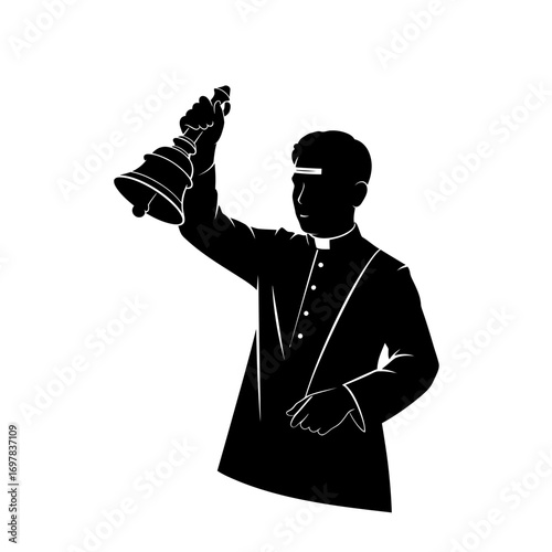 Silhouette of a priest ringing a hand bell, holding it high in the air, against a white background.