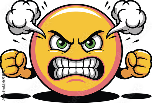 Angry emoji with clenched fists, steam ears, furious face, rage emoticon, frustration cartoon character, digital anger symbol, upset smiley icon, irritation expression