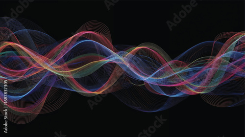 Vibrant Abstract Lines Intertwining on a Black Background. A dynamic image featuring interwoven, colorful lines in various shades of the rainbow against a solid black backdrop. Ai generate 