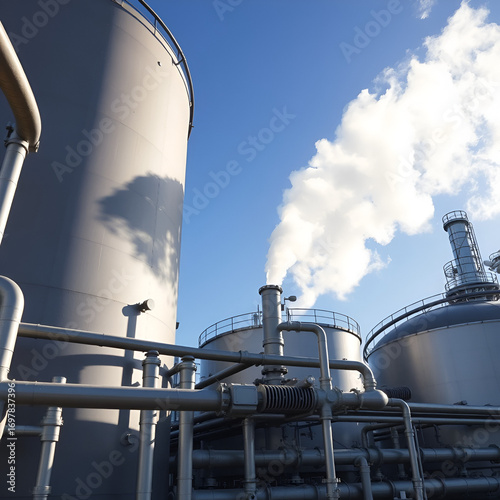 oil storage tanks. Industrial cooling tower system emitting vapor under blue sky. Heavy-duty piping, valves, and heat exchangers in a manufacturing or refinery plant exterior.