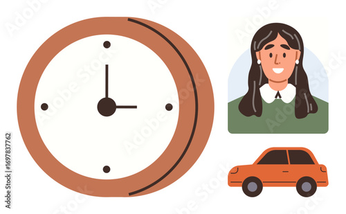Large clock, smiling woman portrait, compact car. Ideal for time management, work-life balance, scheduling, productivity, commuting planning lifestyle choices. A simple flat metaphor