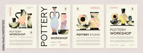 Set of pottery workshop advertising vectot poster design template. Hand made ceramics, clay crockery flat illustration. Pottery lesson, ceramic studio, hobby master class invitation layout