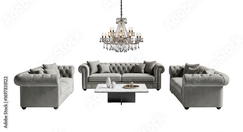 Classic Chesterfield Sofa Set with Crystal Chandelier.