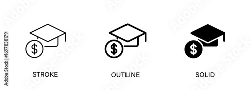 Graduation cap and money icon for scholarships, tuition, education finance. Vector stroke, outline and solid icon. Eps10 file.