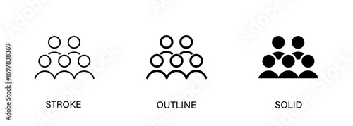 Multiple people icons for team, community, teamwork, social, group. Vector stroke, outline and solid icons. Eps10 file.