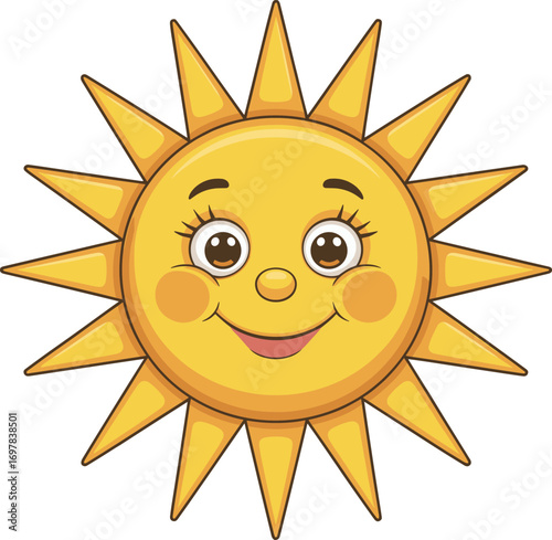 Bright smiling sun cartoon illustration, cheerful happy sun face, radiant sun rays, cute sun character, yellow sun vector, summer sunshine drawing