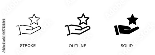Hand and star icons for quality management, importance, favorite. Vector stroke, outline and solid icons.