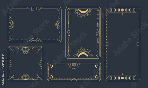 Vintage tarot frame collection with moon phases and celestial ornaments for mystical card design. Golden borders with sun rays, stars and geometric patterns on dark background. Esoteric templates.