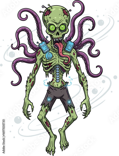 Alien zombie creature, cyber tentacles, glowing eyes, exposed ribs, sci-fi horror, vector illustration, cad drawing, flat design, mutant monster, space undead