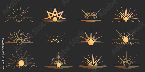 Boho sun gold sunrise collection with geometric rays and horizon lines for mystical branding. Celestial emblems with gradient golden tones and decorative starbursts for wellness or spiritual designs.