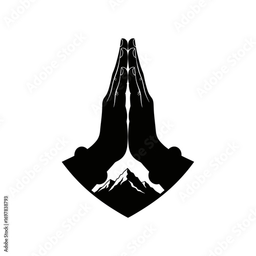 Two silhouetted hands pressed together in prayer, with a majestic mountain range emerging from the space between them, representing spiritual connection and natural grandeur.