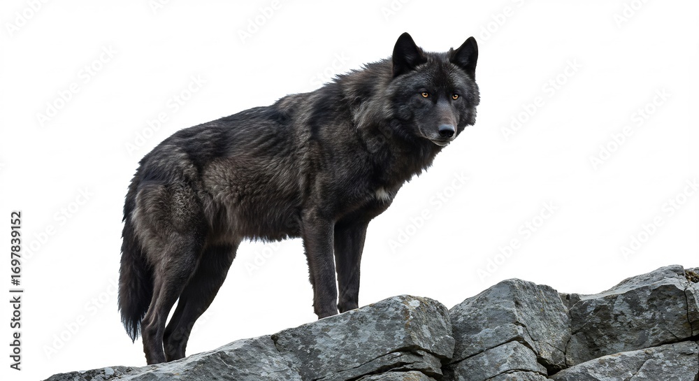 Fototapeta premium Majestic black wolf stands proudly atop grey rocks against bright white background. AI Generated