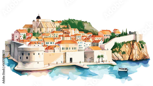 Dubrovnik Old Town and Walls. Dubrovnik Old Town and Walls watercolor vector illustration